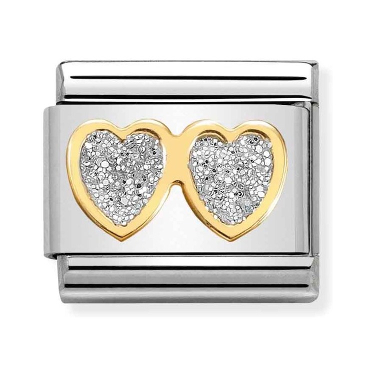 Nomination Composable Classic Charm Doppelherz Glitter - Edelstahl, Gelbgold, Emaille