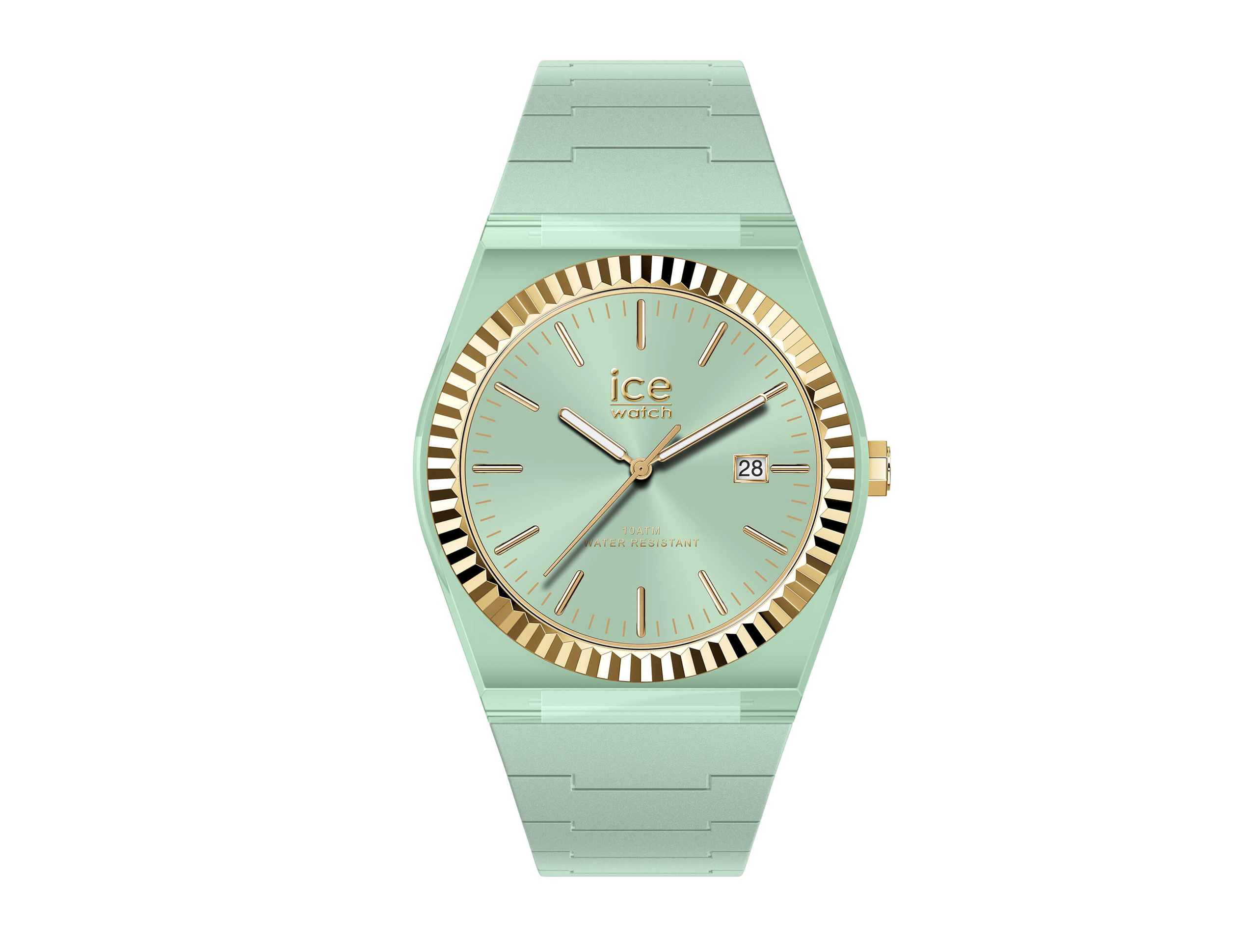 Uhr von Ice Watch in jadegrüner Farbe mit goldenem Gehäuse und Zifferblatt, mittlere Größe, modernes Design, ideal für Freizeit und Alltag. Neuheit der Ice Power Kollektion.