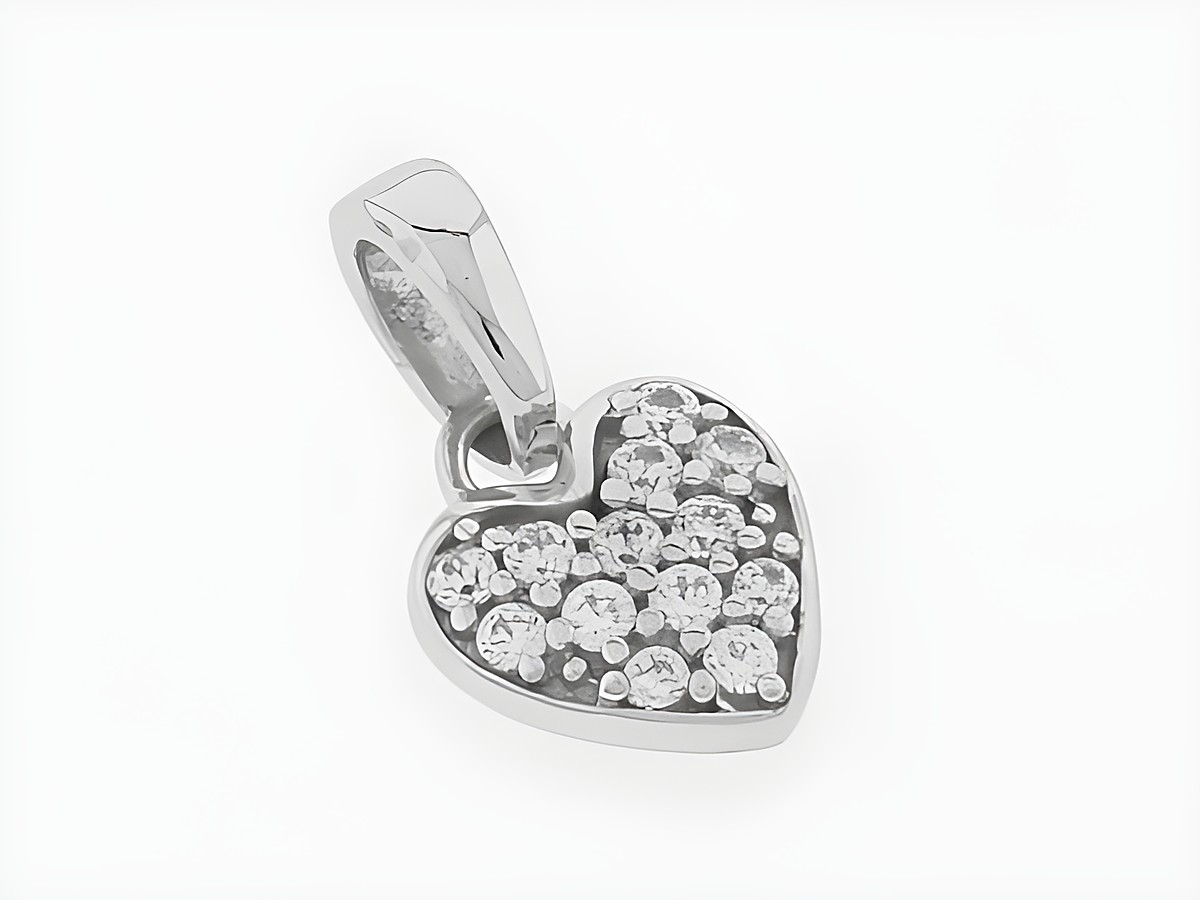 Herz Silber Anhänger niedlich glänzend aus rhodiniertem Material mit Zirkonia-Steinen, Hersteller Juwelier Harnisch, Perlen & Steine.
