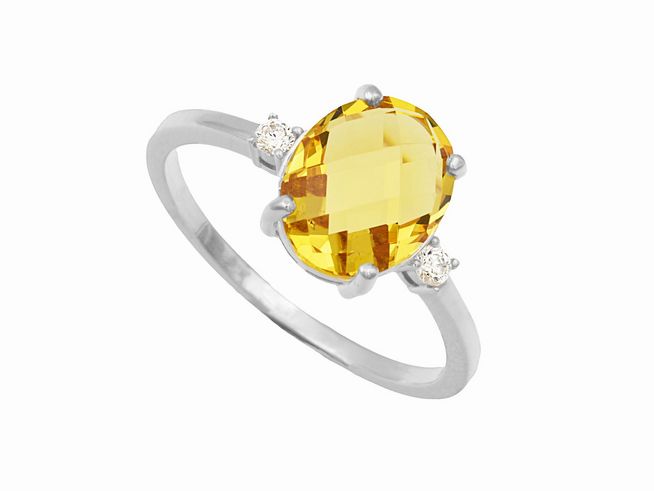 303701-0 Ring mit ovalem, facettiertem, orangefarbenem Stein und zwei kleinen, runden Steinen aus Sterling Silber rhodiniert in Größe 58, Hersteller Juwelier Harnisch.