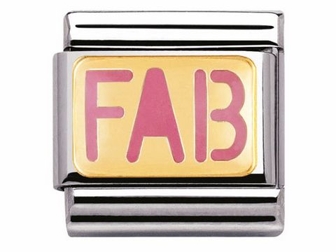 Bicolor Charm von Nomination mit dem Schriftzug FAB in pink und gold auf Emaille, kombiniert mit einem Silberbacking. Ideal für die kreative Erweiterung von Charms.