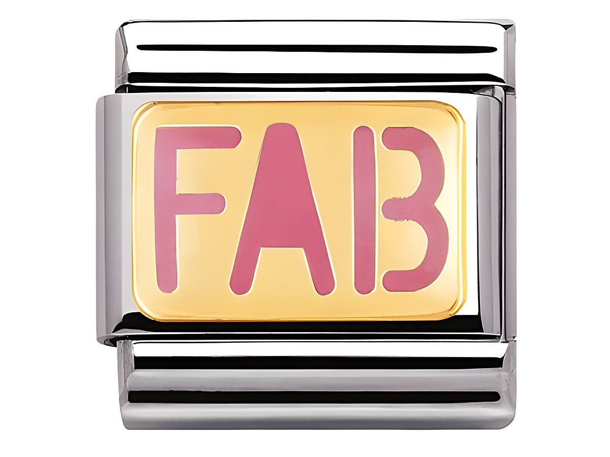 Bicolor Charm von Nomination mit dem Schriftzug FAB in pink und gold auf Emaille, kombiniert mit einem Silberbacking. Ideal für die kreative Erweiterung von Charms.