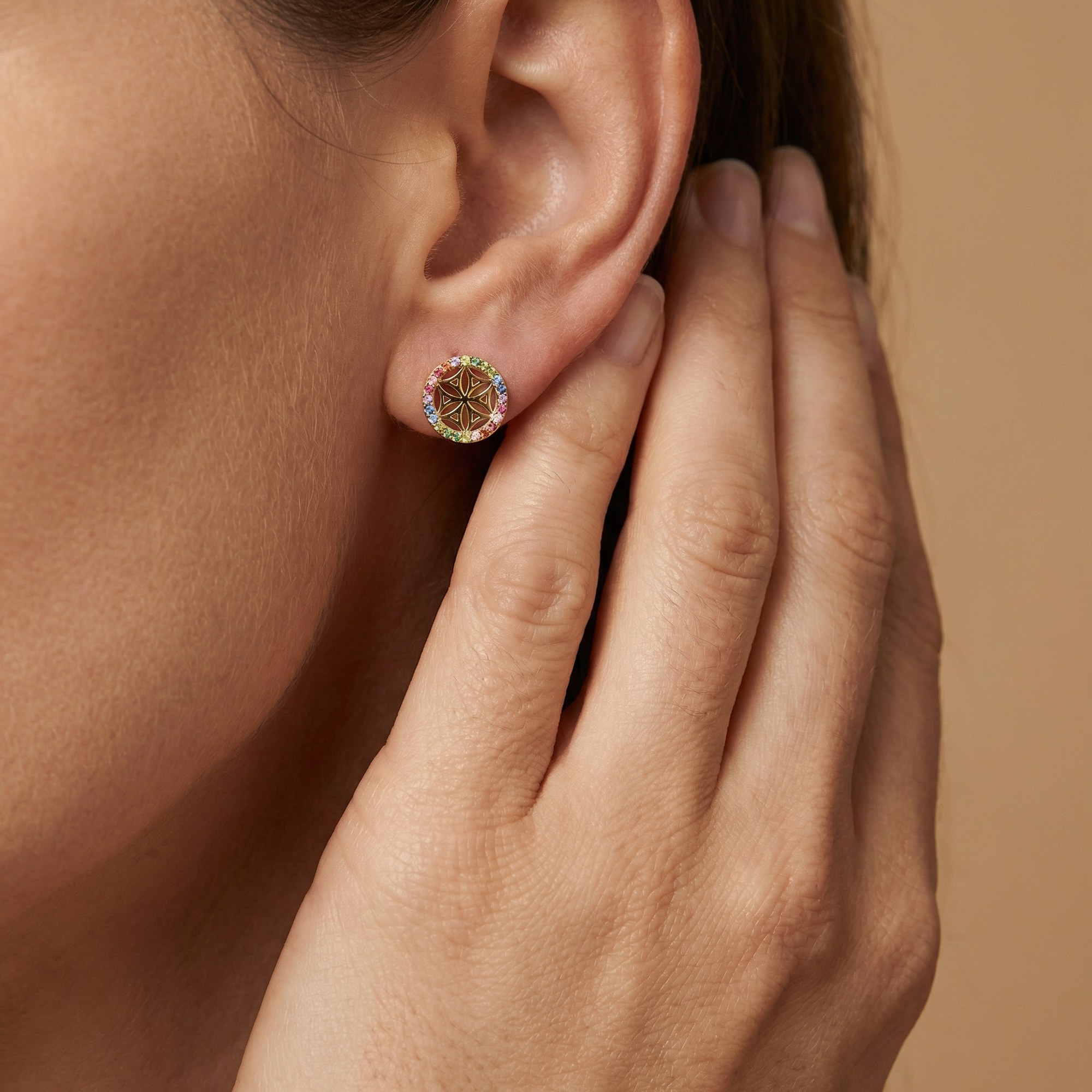 Engelsrufer LEBENSBLUME Ohrstecker - mit Zirkonia Multicolor Gelbgold vergoldet auf Silber 10 mm – Ansicht 3