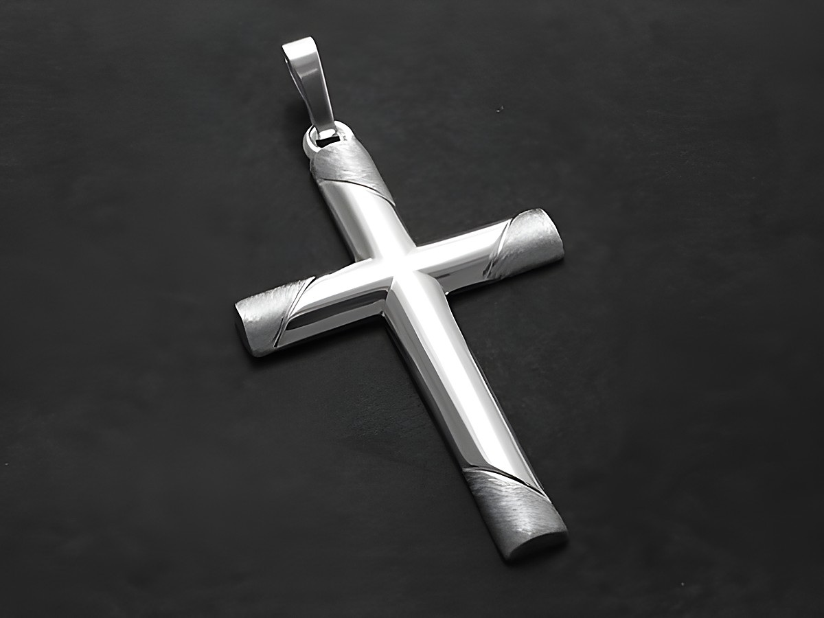Kreuz Anhänger aus teilmattiertem Sterling Silber, elegant mit Muster, hergestellt von Juwelier Harnisch, stilvolles Design für modische Akzente.