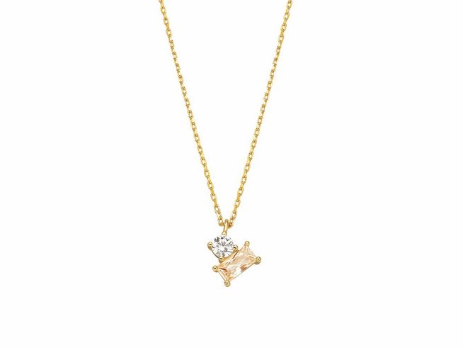 Xenox Sterling Silber Kette XS2141G in Gelbgold Vergoldung mit SUNNY CRUSH Design, feine Kareekette mit zwei unterschiedlich gestalteten Anhängern in klaren und roséfarbenen Tönen.