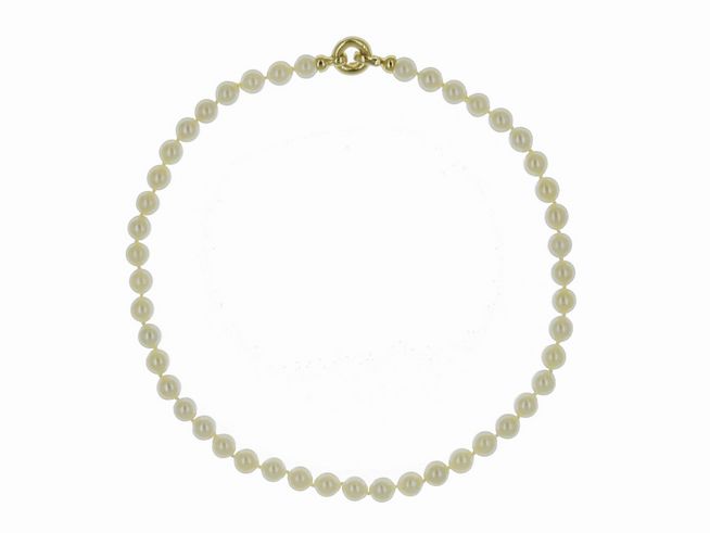 Perlenkette aus Akoya-Zuchtperlen 8,5-9 mm in Weiß und Champagner, Länge 46 cm, mit einem Verschluss aus Gold 585, klassisches Design vom Juwelier Harnisch.