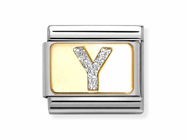 Silberne und gelbgoldene Emaille erstellte Namensplatte mit glitzerndem Buchstaben Y in der Mitte, umrahmt von Edelstahl, von Hersteller Nomination, ideal für personalisierte Armbänder.