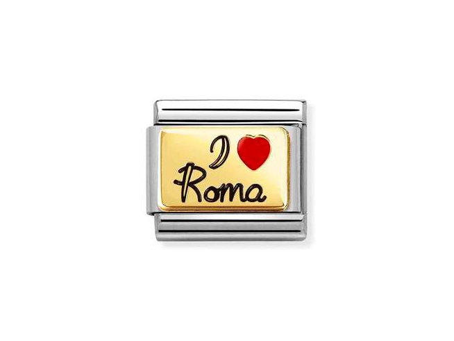 Edelstahlarmband aus der Kollektion Nomination mit Emaille-Element in Schwarz und goldfarbener Fläche, auf der "I Love Roma" in Schwarz mit rotem Herz abgebildet.