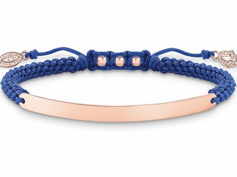 Makramee Armband aus blauen Nylon mit roségoldenem Zierschild und Zirkonia, verstellbar von 15 bis 21 cm, geeignet für besondere Anlässe oder als modisches Accessoire.