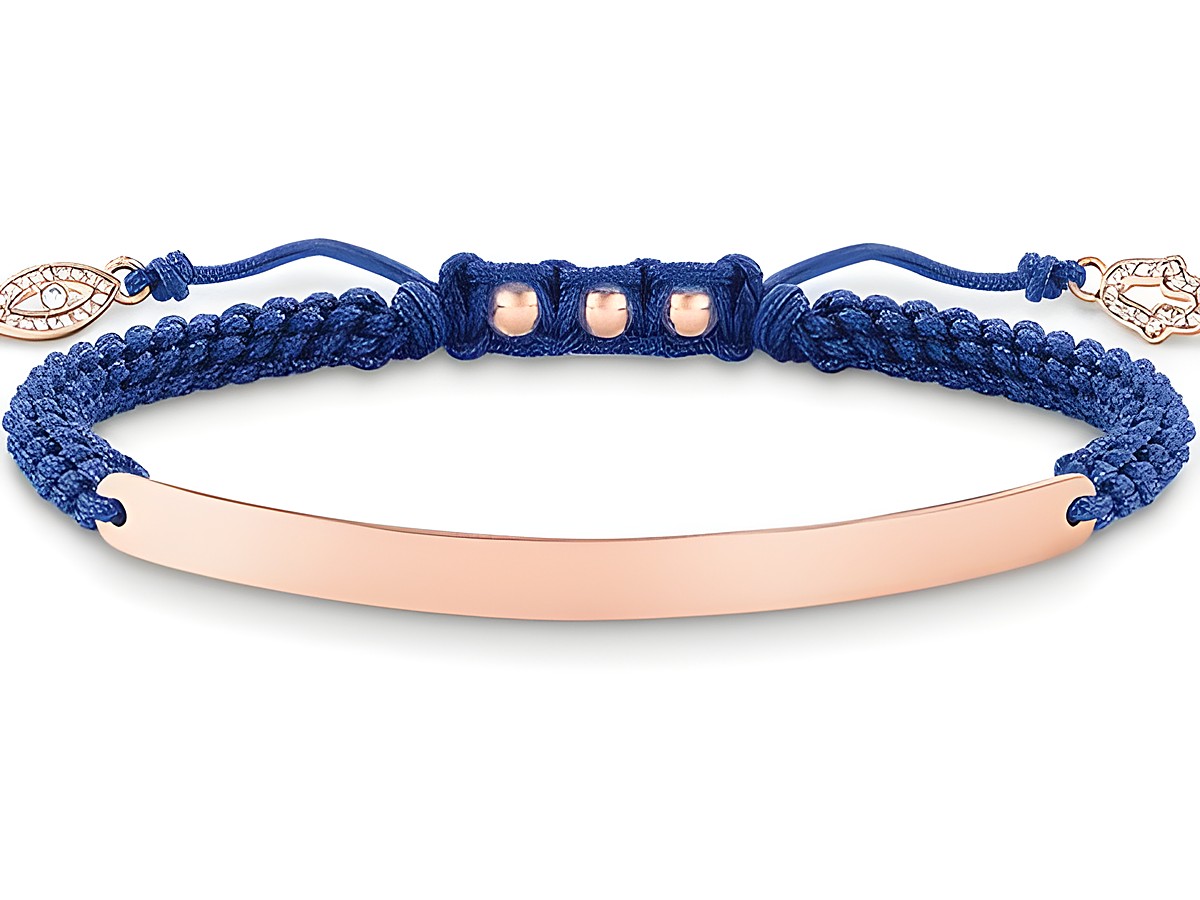 Makramee Armband aus blauen Nylon mit roségoldenem Zierschild und Zirkonia, verstellbar von 15 bis 21 cm, geeignet für besondere Anlässe oder als modisches Accessoire.