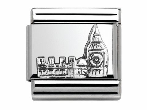 Silberner Charm mit dem abgebildeten Uhrenturm Big Ben, designed von Nomination, zeigt das ikonische Monument in detailgetreuer Darstellung, geeignet für Schmuckliebhaber und Sammler.