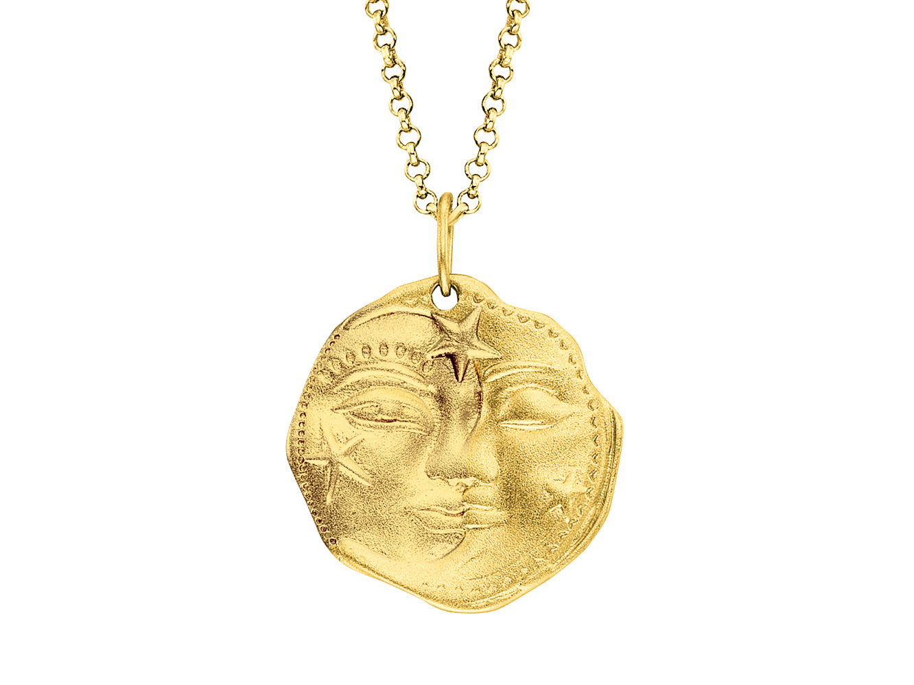 Halskette mit Anhänger in Form von Sonne und Mond, platiert in Gelbgold auf Silber, gefertigt von Engelsrufer, Länge 42 cm.