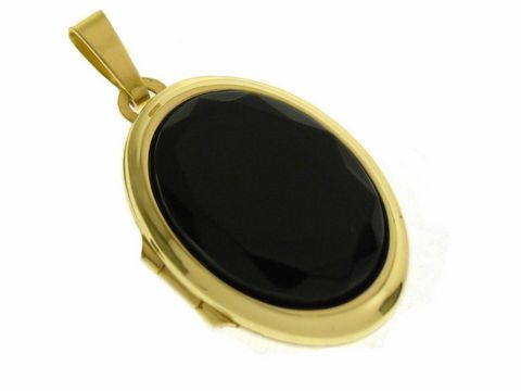 Onyx facettiert Medaillon in ovaler Form, eingefasst in Gold 333, glänzende Oberfläche, Hersteller Juwelier Harnisch, elegantes Design für besondere Anlässe.