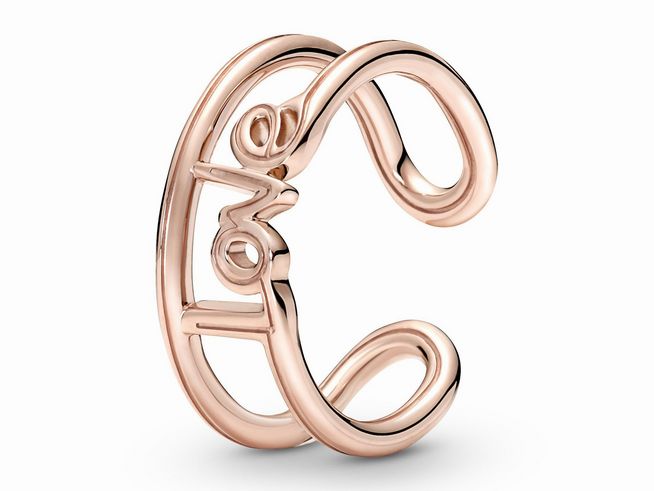 Pandora ME Love offener Ring in Roségold vergoldet Größe 46 mit dem Schriftzug Love in geschwungener Form, elegant und modern, perfekt als modisches Accessoire.