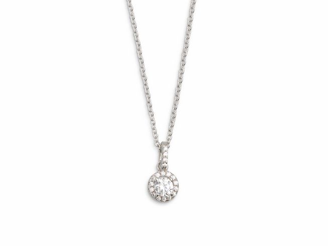27001106-0 Xenox Sterling Silber Kette XS7361 mit einem filigranen Anhänger in Form eines kreisförmigen Halos, der mit funkelnden Steinen besetzt ist, an einer Ankerkette von 40 bis 45 cm.