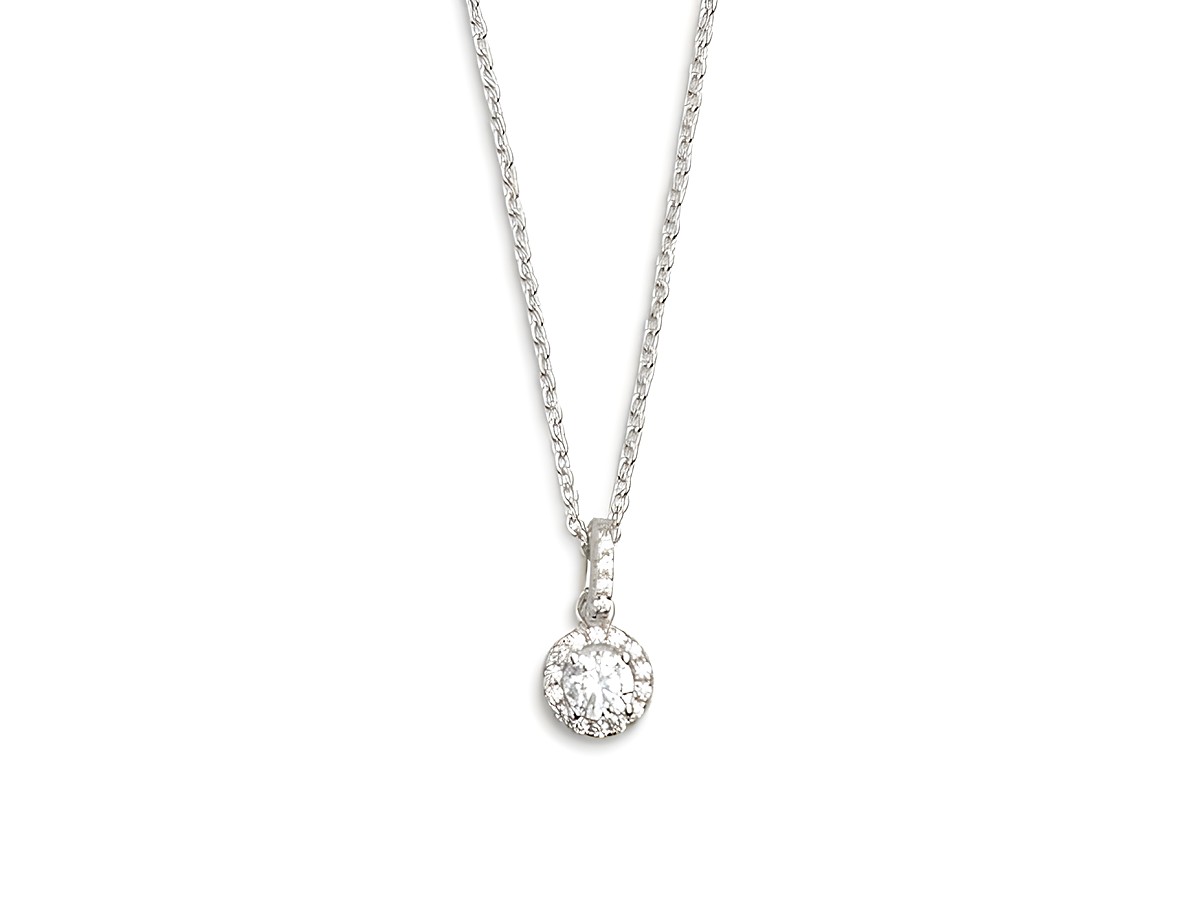 Xenox Sterling Silber Kette XS7361 mit einem filigranen Anhänger in Form eines kreisförmigen Halos, der mit funkelnden Steinen besetzt ist, an einer Ankerkette von 40 bis 45 cm.