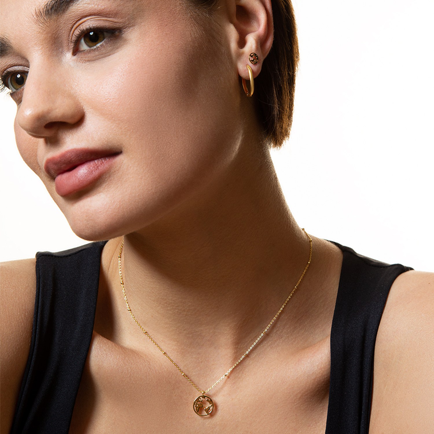 XENOX Sterling Silber Kette XS2984G - 40-45 cm - WANDERLUST - Gelbgold vergoldet Kareekette - Weltkugel – Ansicht 3