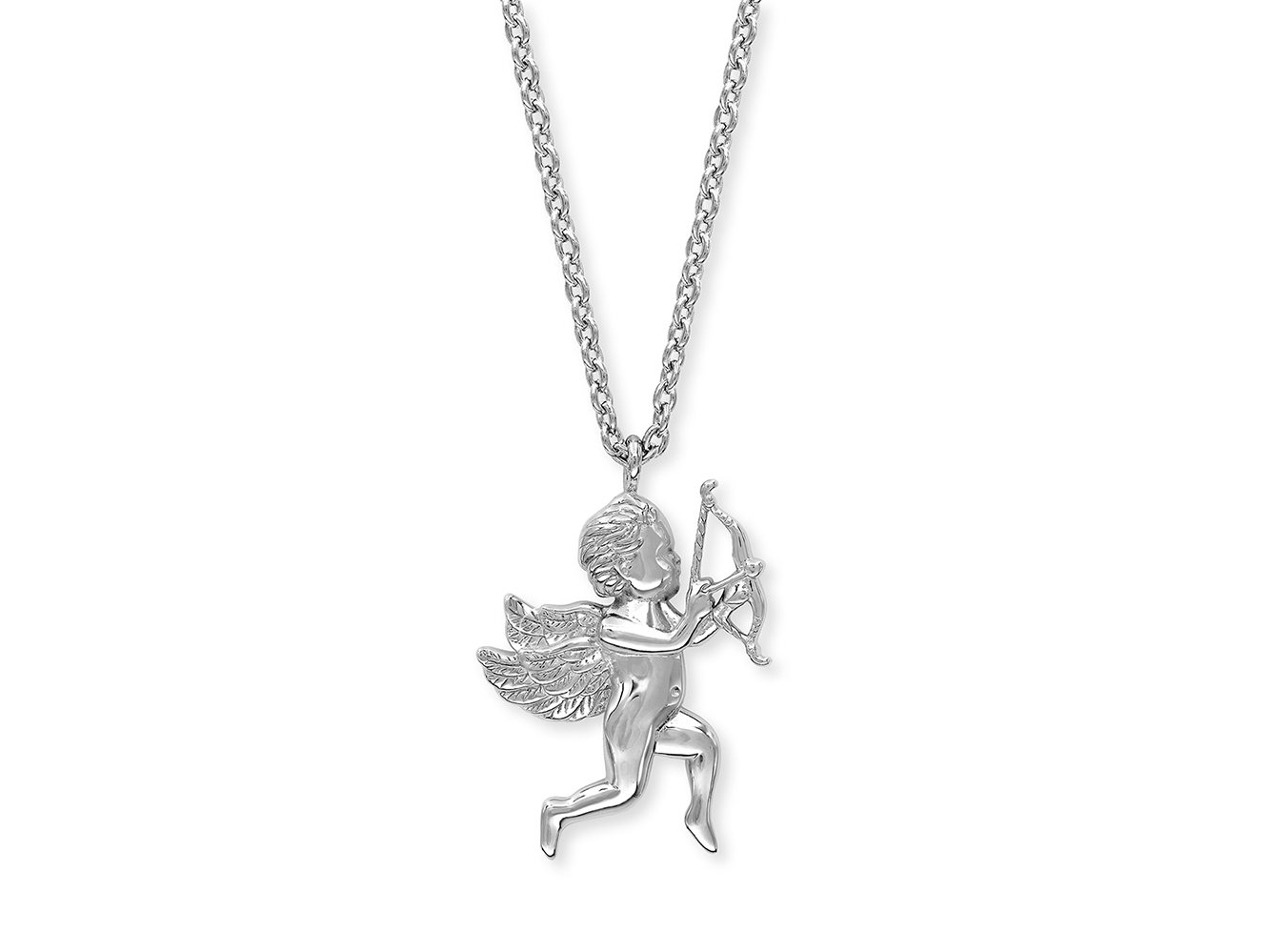 Kette aus rhodiniertem Silber mit einem Anhänger in Form eines Engels, der einen Bogen hält, gefertigt von Engelsrufer, Länge 42 cm.