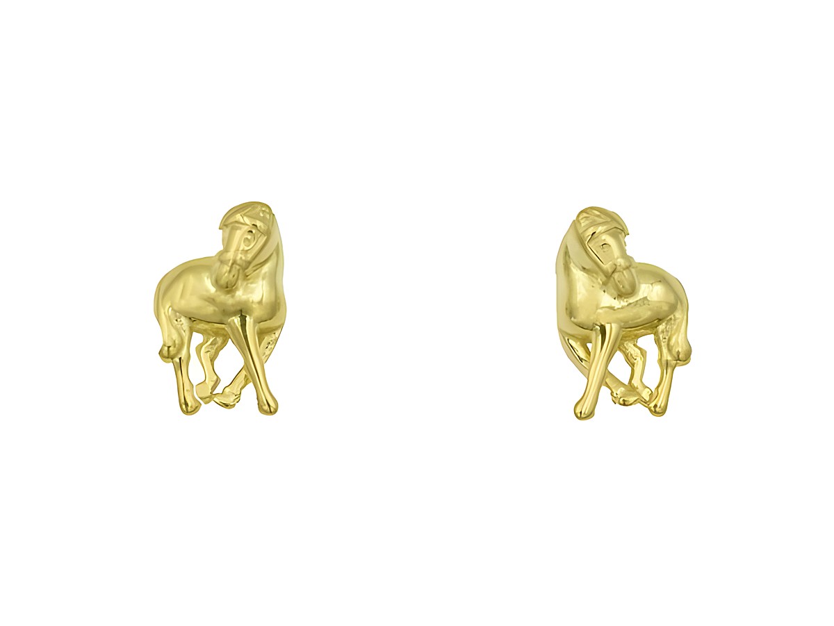 Ohrringe Ohrstecker in Form von Pferden aus Sterling Silber, gelbgold vergoldet, geeignet für Kinder, Hersteller Juwelier Harnisch, zeitloses Design für junge Pferdefans.