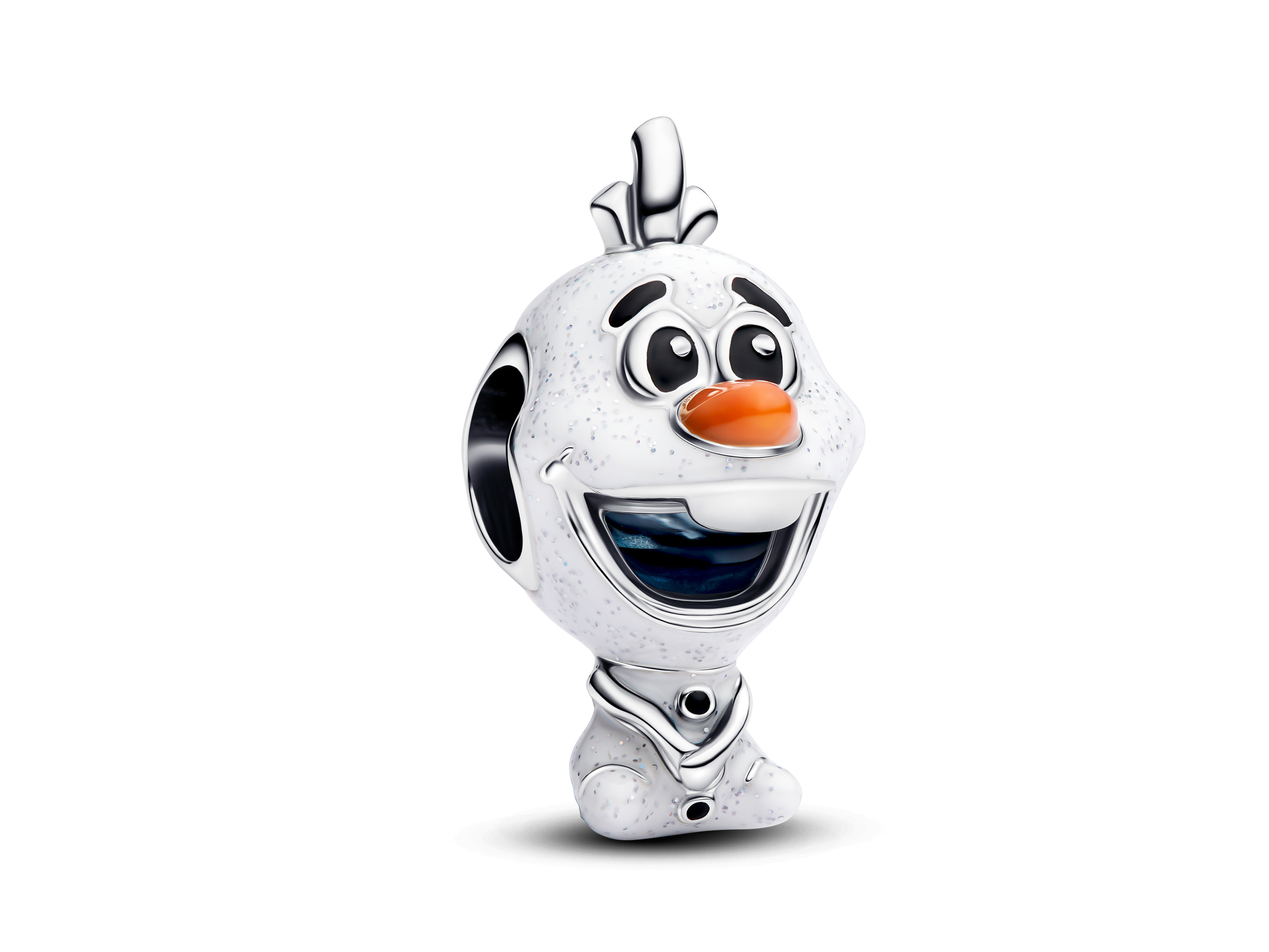Charm von Olaf aus Disney Eiskönigin, aus Sterling Silber und Emaille, lustige Darstellung mit grinsendem Gesicht und orangefarbener Karotte als Nase, ideale Ergänzung für Schmuckliebhaber.