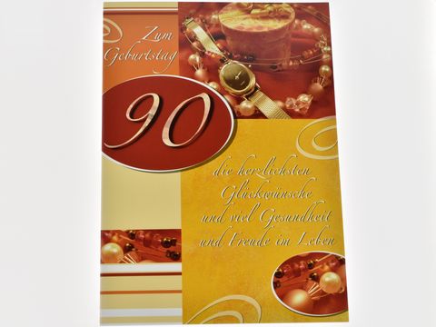 Eine Geburtstagskarte zum 90. Geburtstag mit elegantem Design, goldene und orange Farben, geschmückt mit Schmuckelementen und liebevollen Glückwünschen für Gesundheit und Freude im Leben.