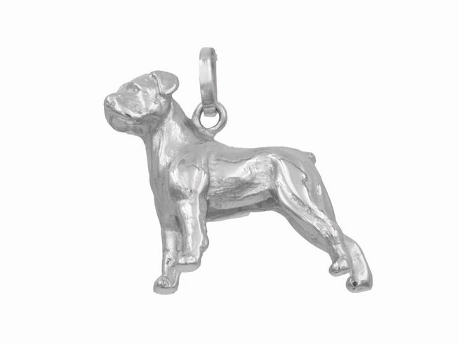 Hängender Hund aus rhodiniertem Sterling Silber, Rottweiler-Design, gefertigt von Juwelier Harnisch, ideal für Tierliebhaber und als modisches Accessoire.