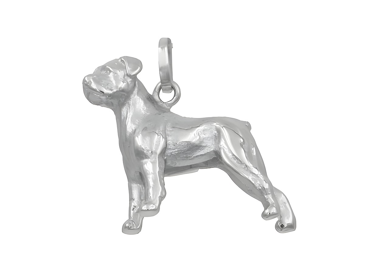 Hängender Hund aus rhodiniertem Sterling Silber, Rottweiler-Design, gefertigt von Juwelier Harnisch, ideal für Tierliebhaber und als modisches Accessoire.