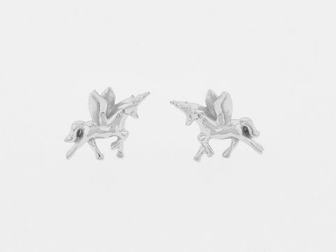 Ohrringe Silber rhod. geflügeltes Einhorn märchenhaft Stecker Hersteller Juwelier Harnisch für Kinder. Ideal für kleine Fantasiefiguren und zauberhafte Outfits.