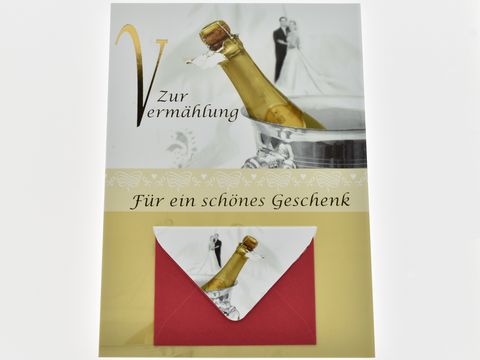 Hochzeitskarte mit Umschlag und Sektflasche, dekoriert mit dem Schriftzug Zur Vermählung, für ein schönes Geschenk, Hersteller Juwelier Harnisch, Hochzeitskarten.