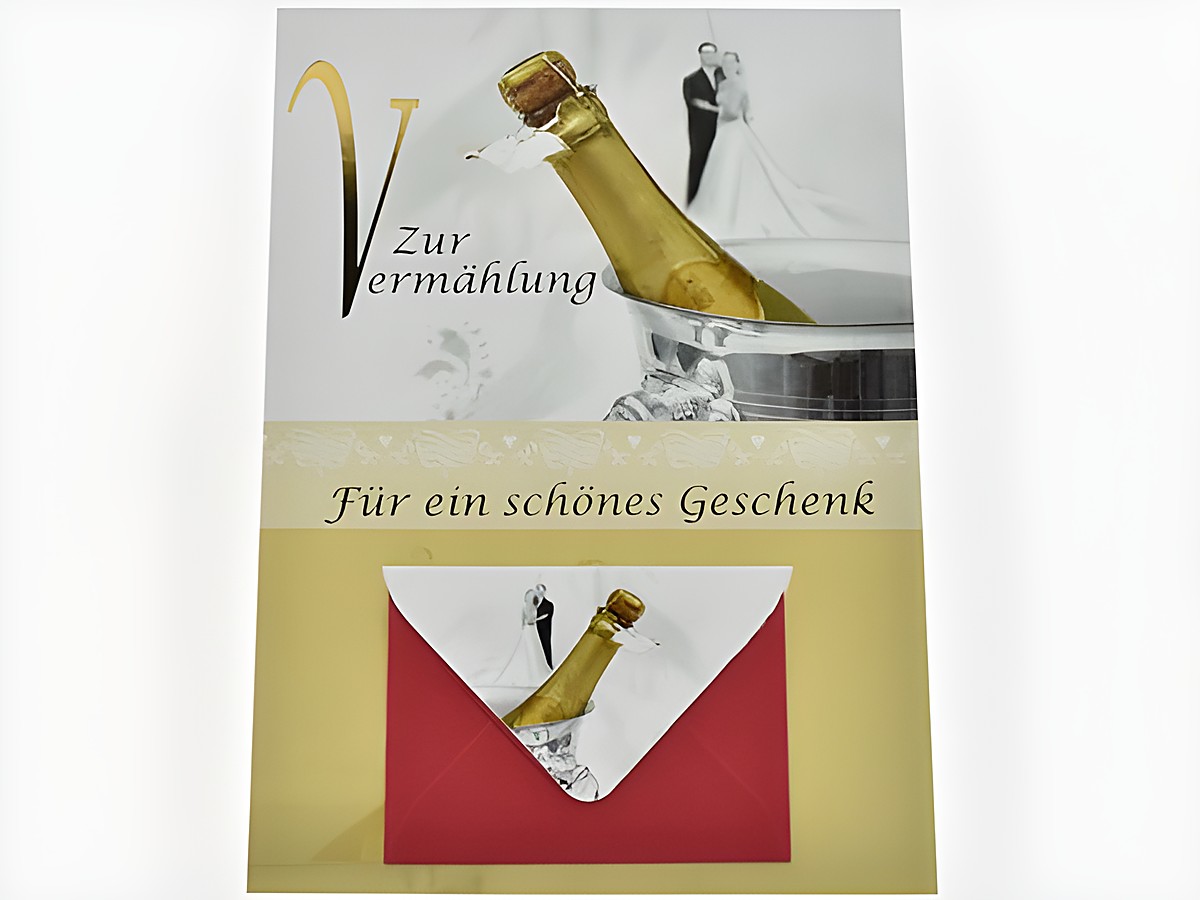 Hochzeitskarte mit Umschlag und Sektflasche, dekoriert mit dem Schriftzug Zur Vermählung, für ein schönes Geschenk, Hersteller Juwelier Harnisch, Hochzeitskarten.