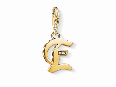 Charm-Anhänger Buchstabe E von Thomas Sabo in vergoldeter Ausführung, verziert mit einem funkelnden Stein, ideal zum Personalisieren von Schmuckstücken.