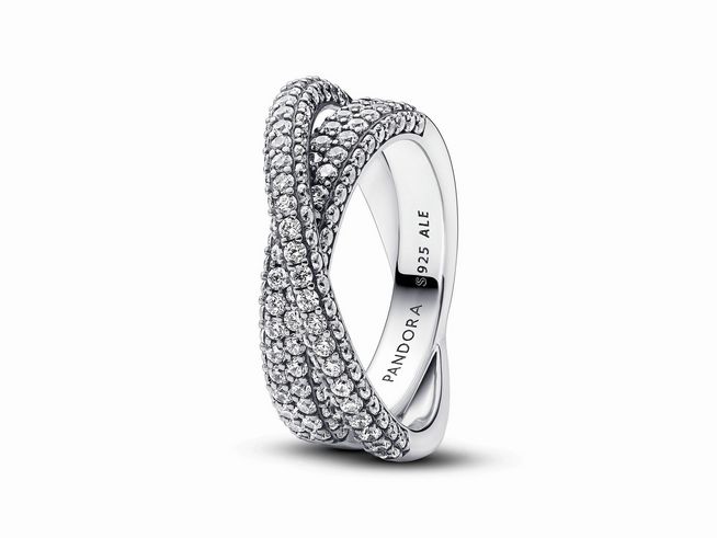 Pandora Timeless Pavé Gekreuzter Doppelband-Ring in Sterling Silber mit Zirkonia in Größe 58, elegant geschlungen mit glitzernden Steinchen für funkelnden Schmuckstil.