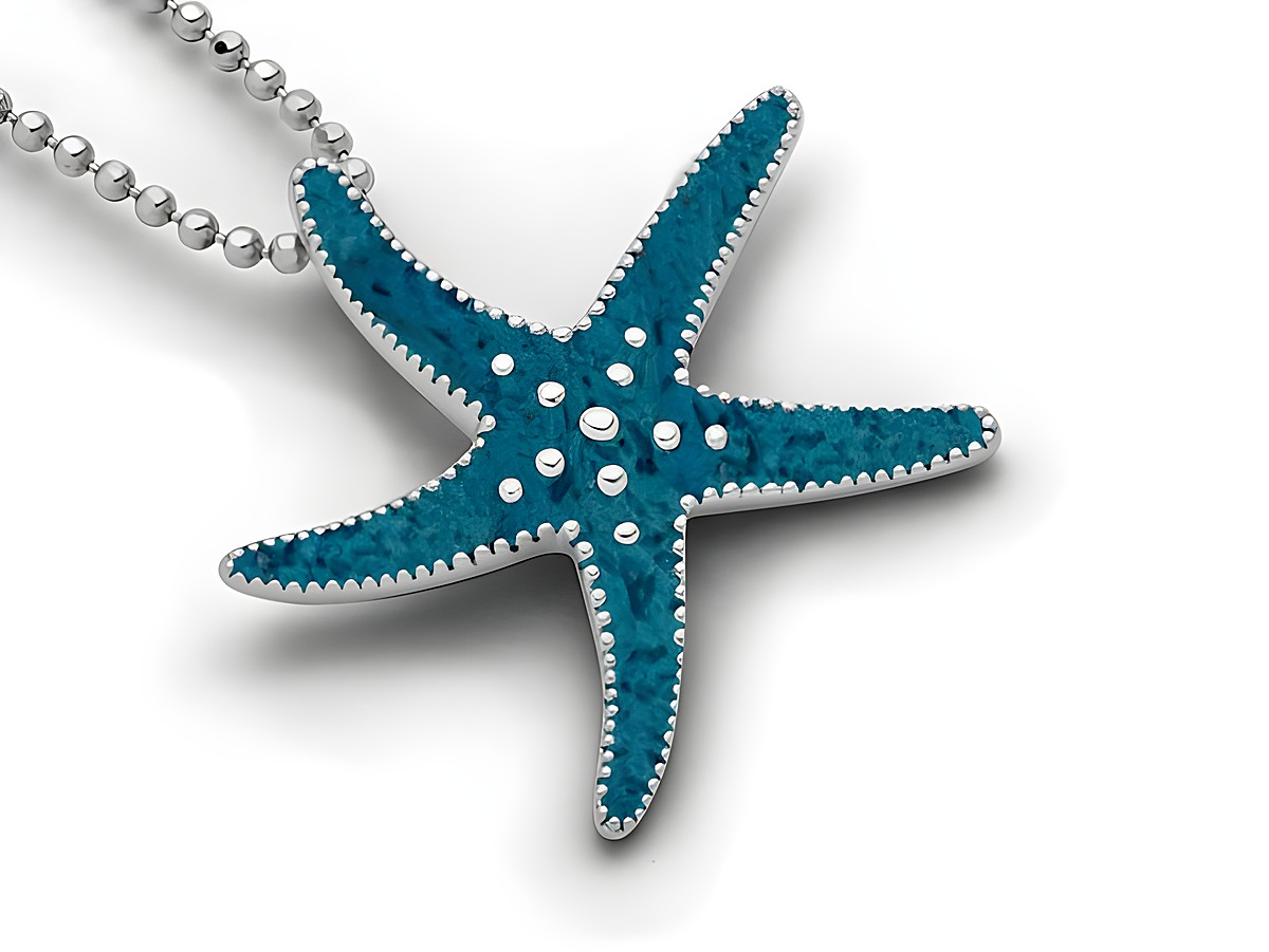 Sterling Silber Anhänger in Form eines Seesterns mit blauem Steinsand und feinen Details, geeignet für eine elegante Halskette.