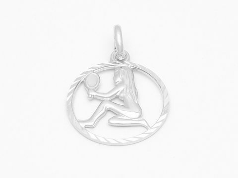 Jungfrau Sternzeichen Anhänger aus sterling Silber, diamantiert, mit feiner Darstellung einer sitzenden Figur, Hersteller Juwelier Harnisch, ideales Schmuckstück für Jungfrau-Geborene.