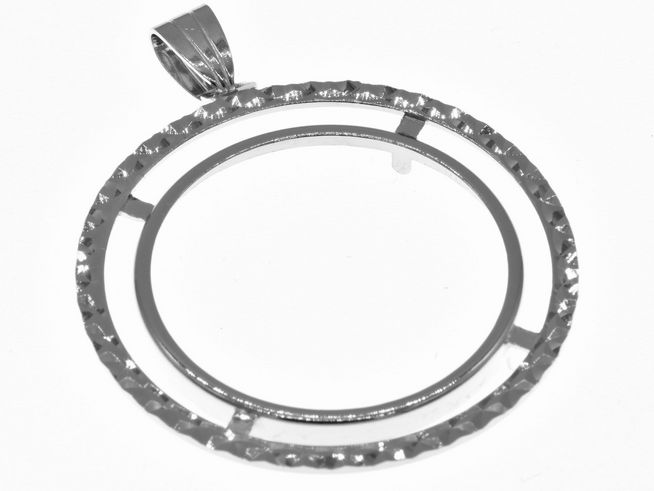 Münzfassung Anhänger aus 925 Sterling Silber, rhodiniert, diamantierte Oberfläche, Durchmesser 29 mm, geeignet für Münzen bis 3,0 cm, Hersteller Juwelier Harnisch.