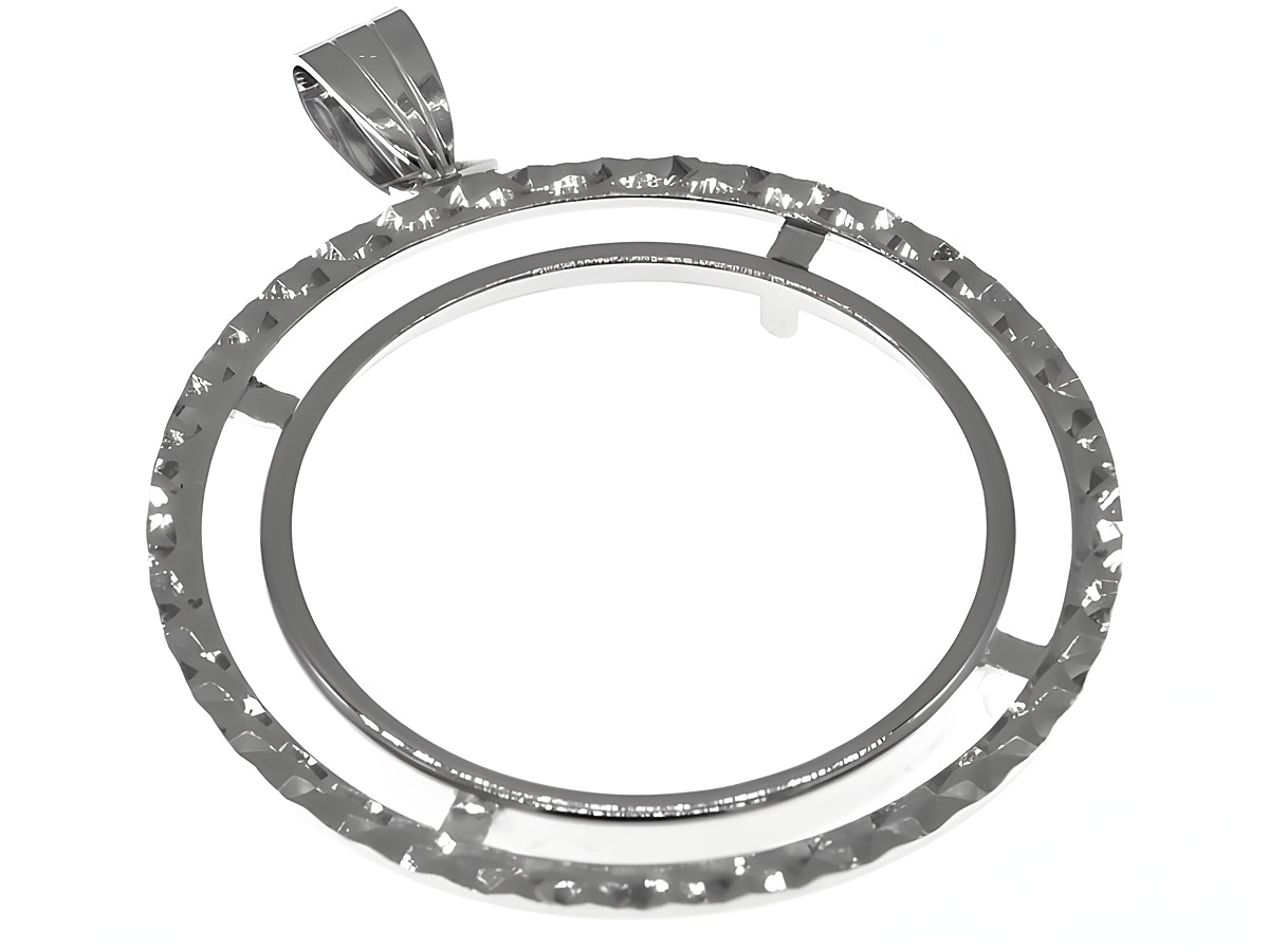Münzfassung Anhänger aus 925 Sterling Silber, rhodiniert, diamantierte Oberfläche, Durchmesser 29 mm, geeignet für Münzen bis 3,0 cm, Hersteller Juwelier Harnisch.