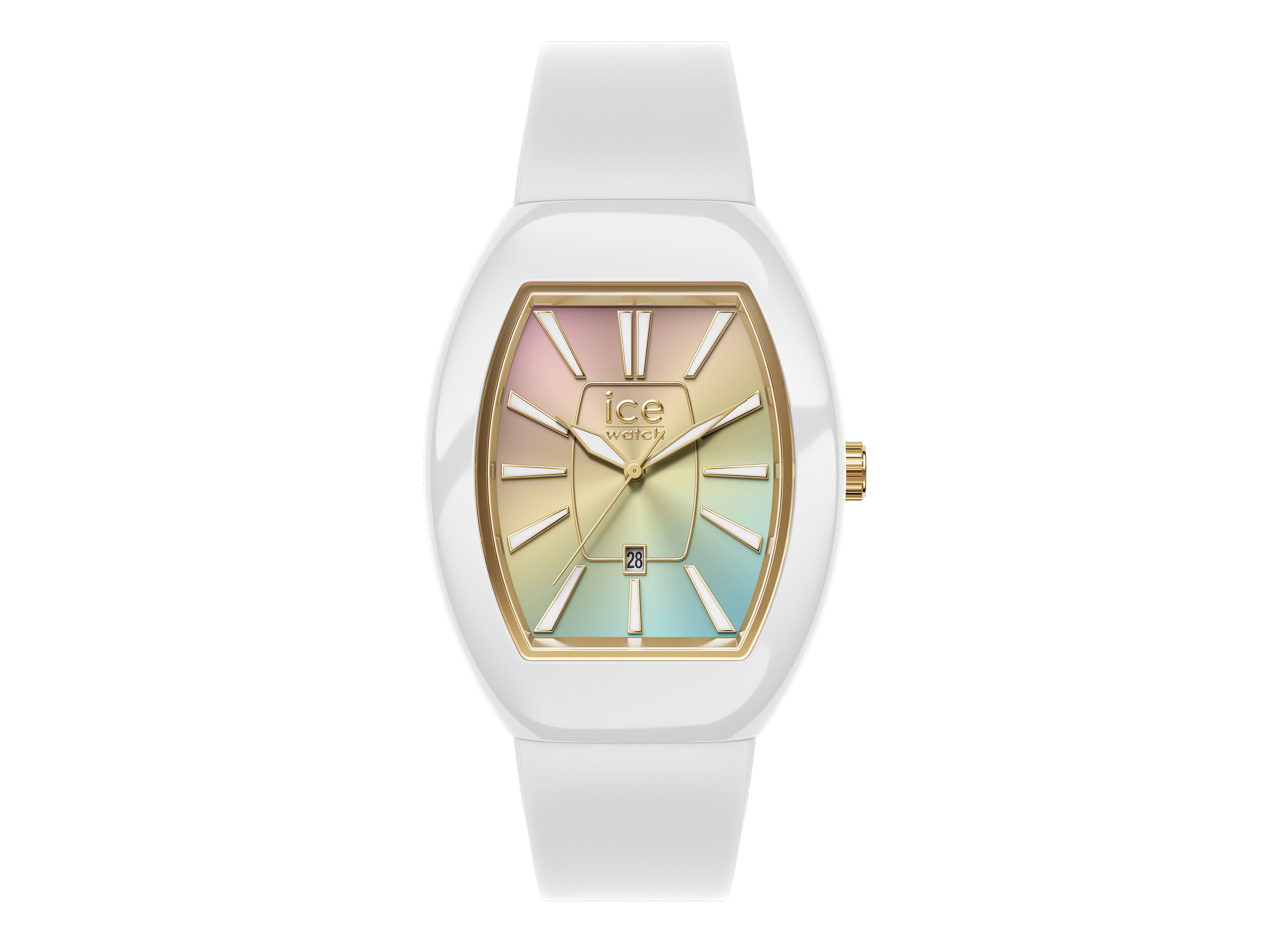 Die Ice Watch 024035 ICE boliday Uhr in Weiß mit buntem Ziffernblatt zeigt goldene Zeiger und eine Datumsanzeige, ideal für modische Akzente und jeden Anlass.