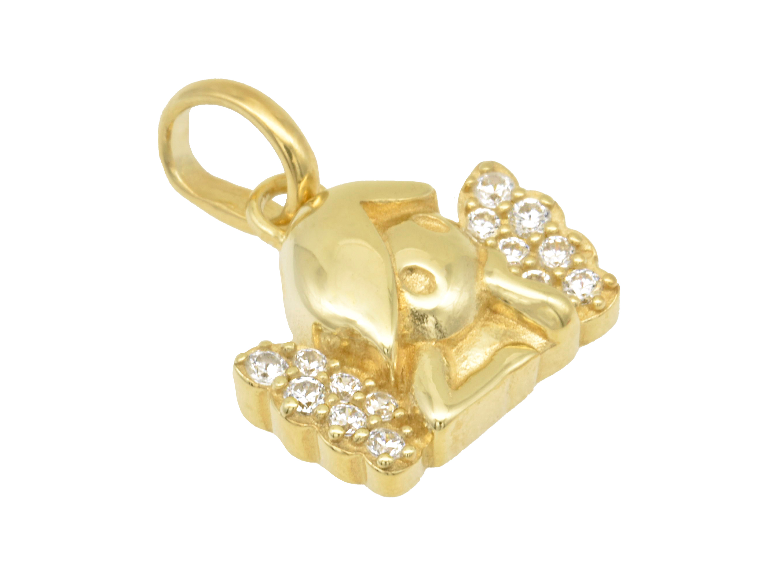 Silber Anhänger Schutzengel in gelbgold vergoldet und poliert, verziert mit Zirkonia, hergestellt von Juwelier Harnisch, eleganter Engel als Schmuckstück.