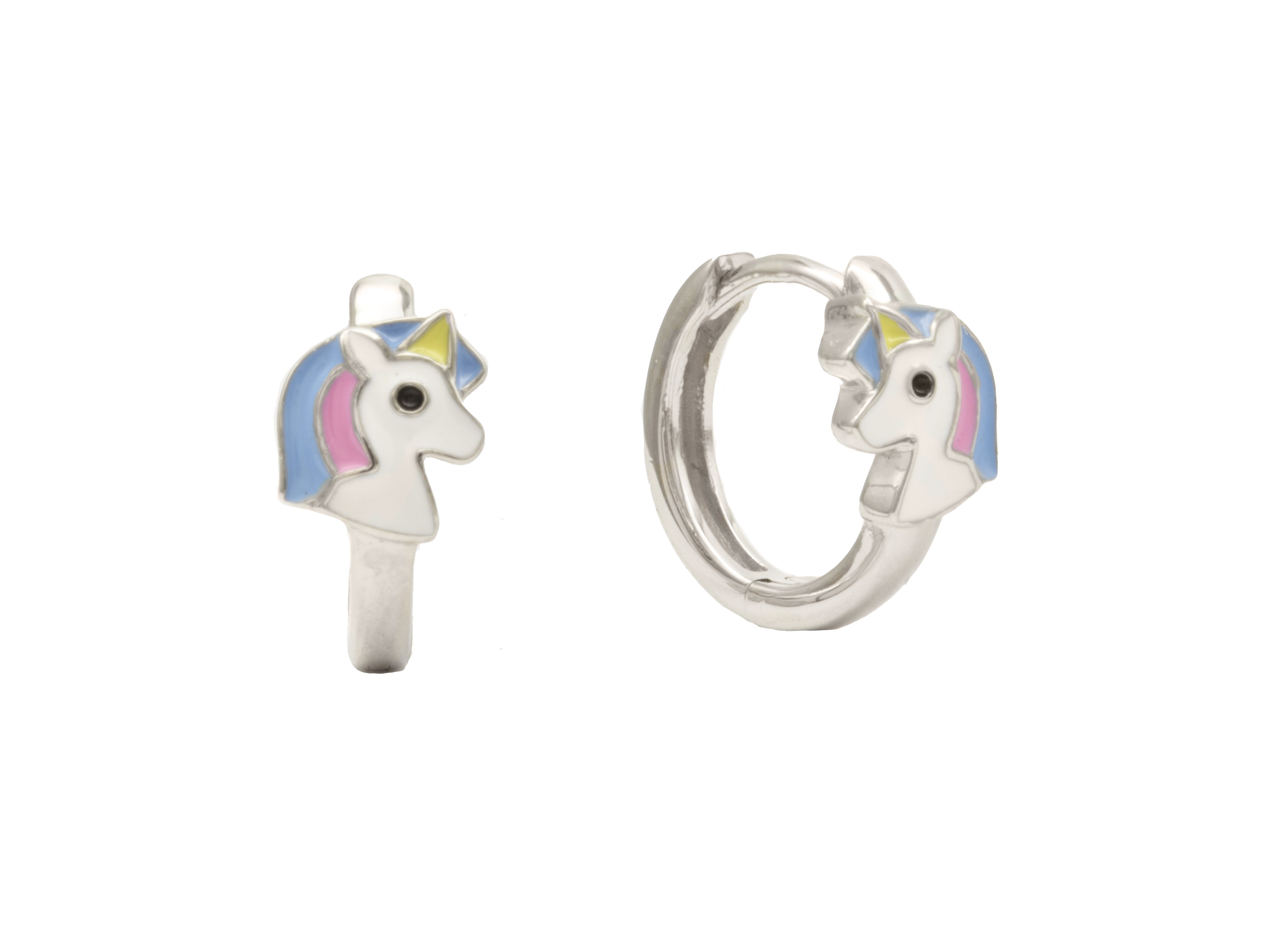 Creolen mit einem Einhornkopf aus Sterling Silber 925, rhodiniert und poliert. Der Kopf ist bunt lackiert und hat eine Größe von 1 cm, idealer Kinderschmuck vom Hersteller Juwelier Harnisch.