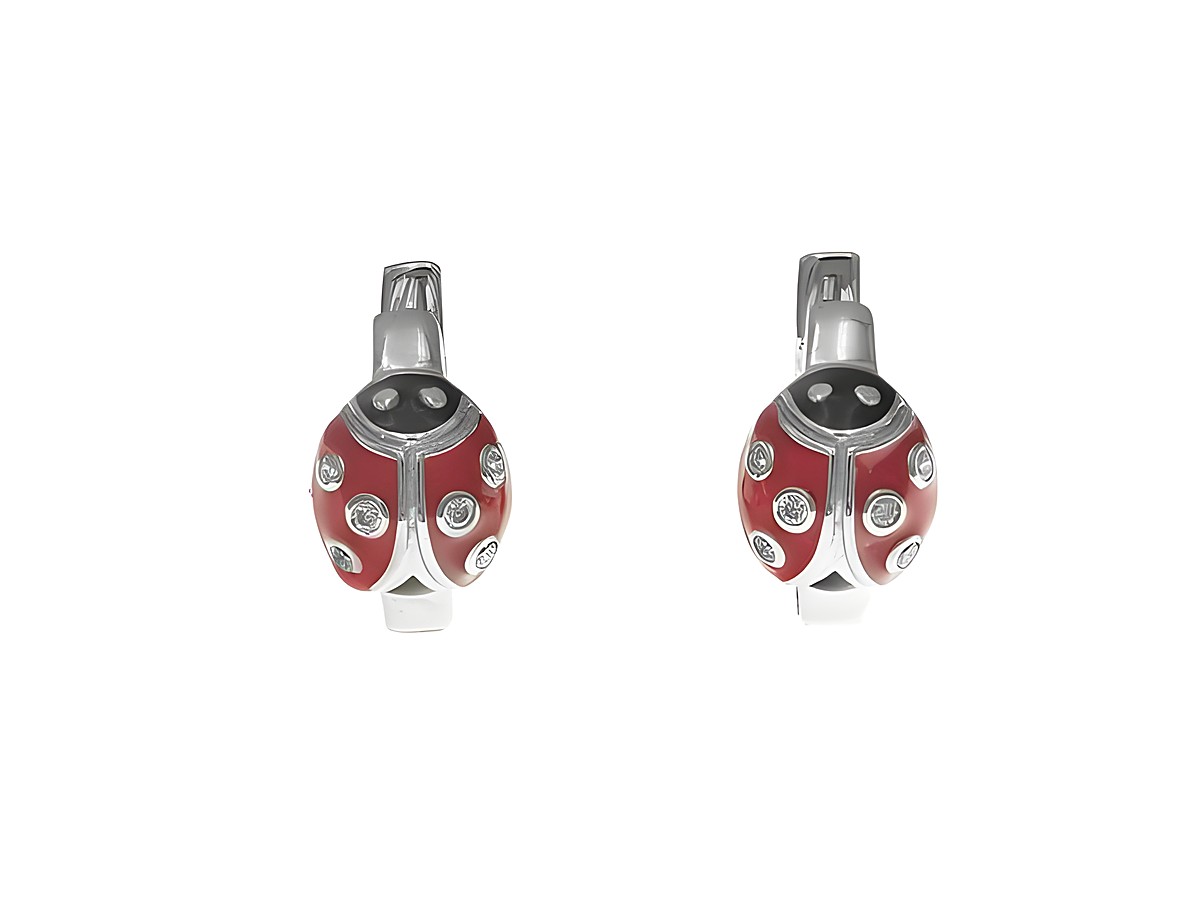 Creolen aus Sterling Silber in Marienkäfer-Design, poliert und rhodiniert, verziert mit Zirkonia und rotem sowie schwarzem Lack, geeignet für Kinder, Hersteller Juwelier Harnisch.