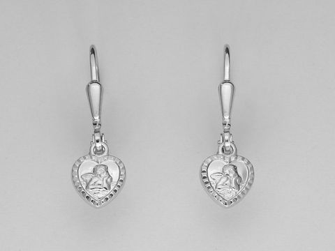 Silber Ohrringe in Herzform aus Sterling Silber, Engel-Motiv als Hänger, Hersteller Juwelier Harnisch, Ohrhänger ohne Stein.