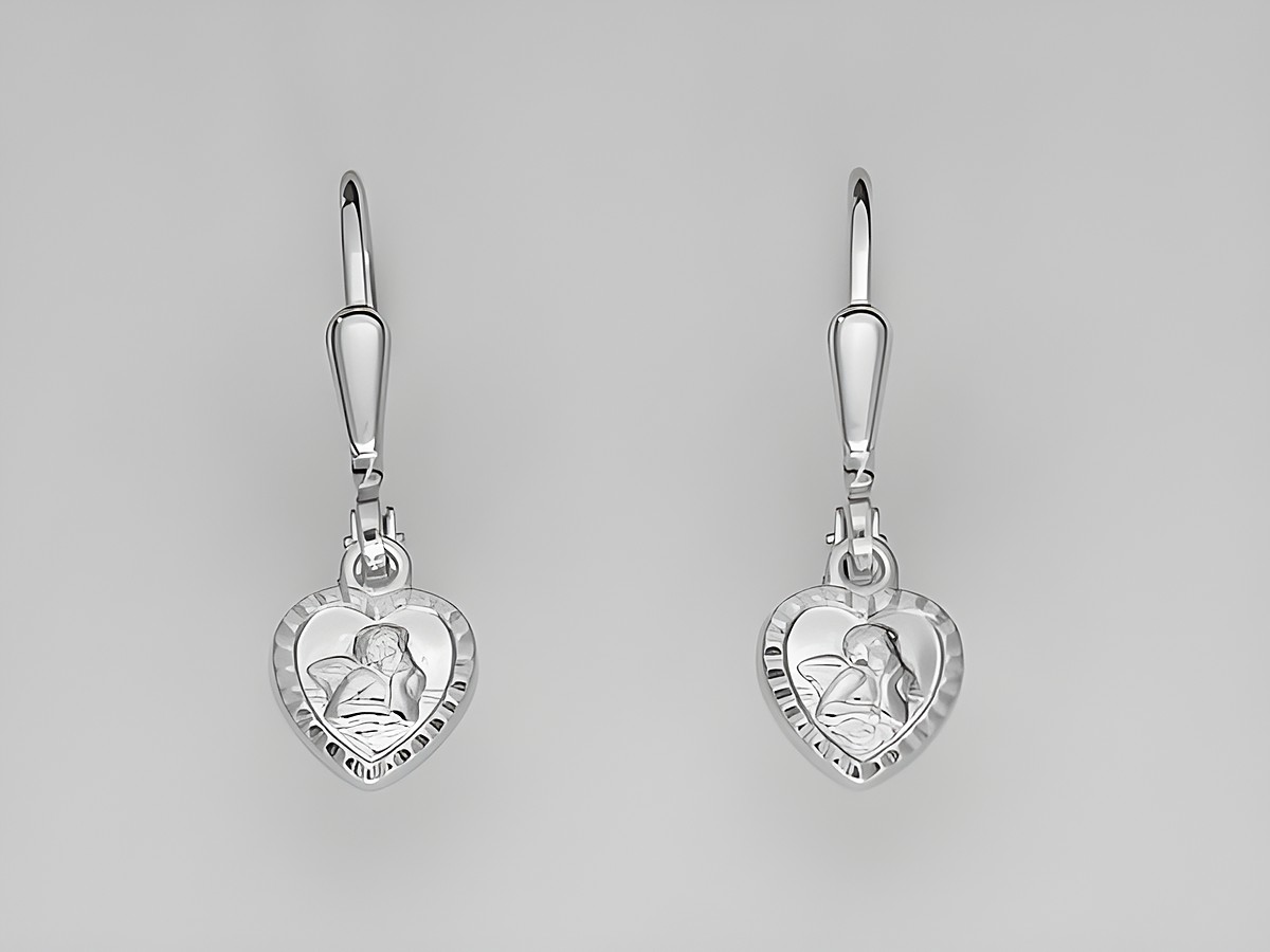 Silber Ohrringe in Herzform aus Sterling Silber, Engel-Motiv als Hänger, Hersteller Juwelier Harnisch, Ohrhänger ohne Stein.
