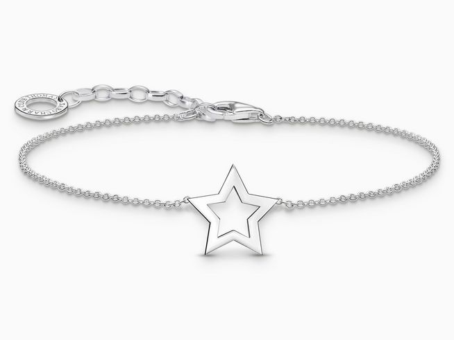 Silbernes Armband von Thomas Sabo mit einem eingelegten Stern, verziert mit einer feinen Kette, verstellbar von 16 bis 19 cm, zeitloses Design.