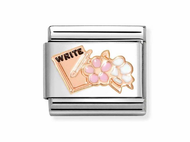 Heft mit Blumen und dem Wort WRITE in Roségold, umgeben von bunten Blumen, Emaille-Oberfläche, für Schmuck von Nomination Classic Roségold 430202 24.