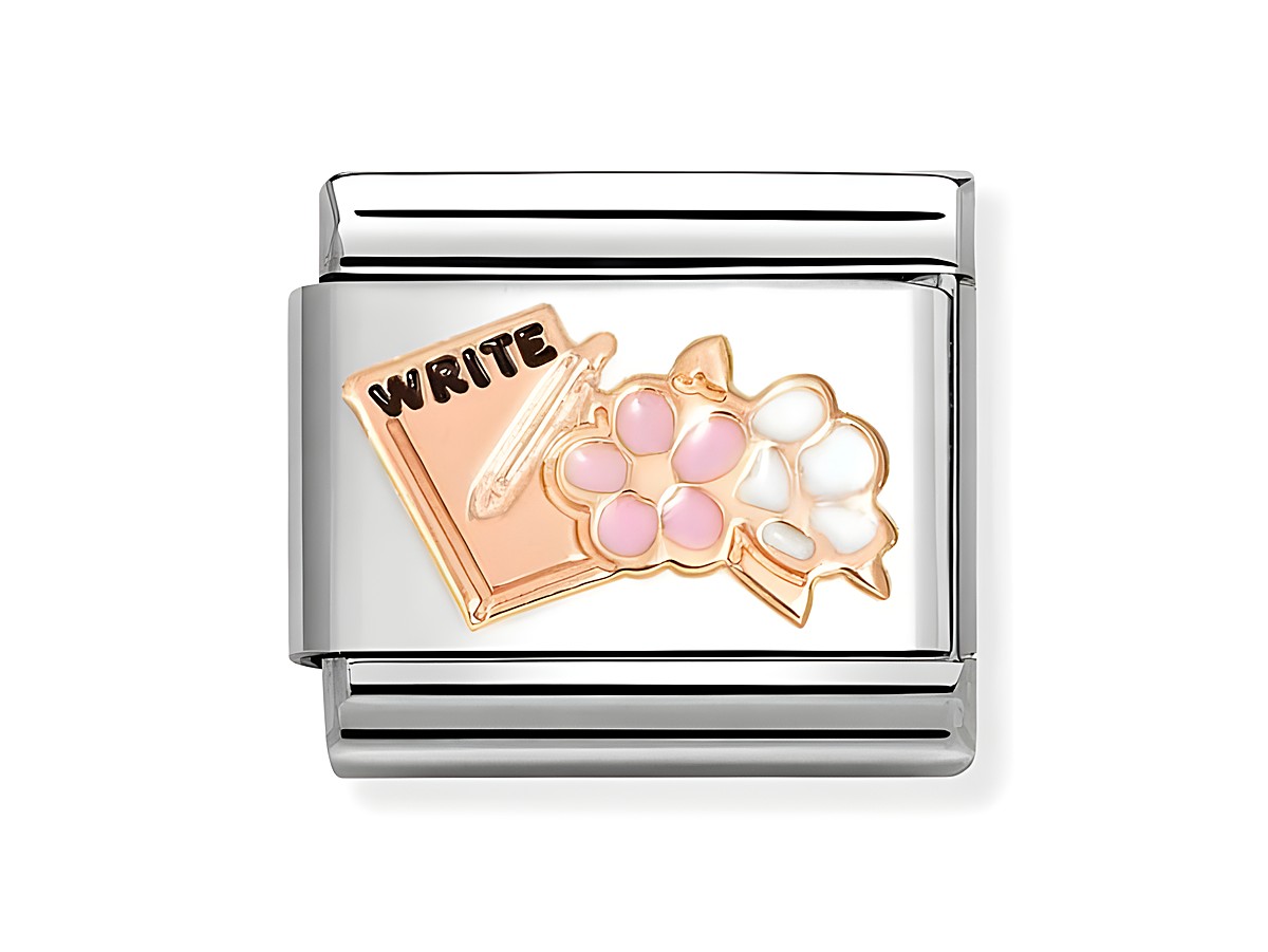Heft mit Blumen und dem Wort WRITE in Roségold, umgeben von bunten Blumen, Emaille-Oberfläche, für Schmuck von Nomination Classic Roségold 430202 24.
