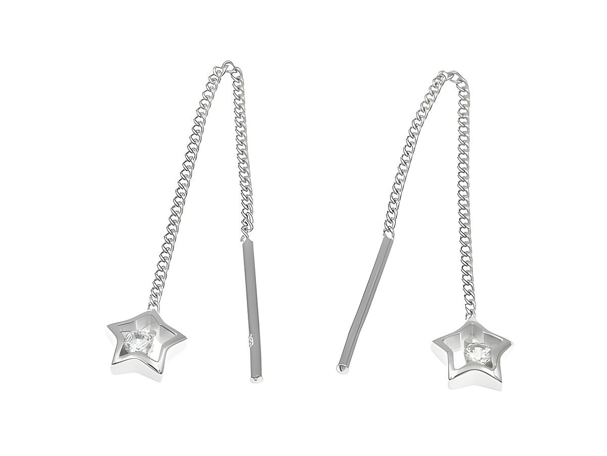 Ohrringe zum Durchziehen Stern aus rhodiniertem Sterling Silber mit funkelndem Stein, gefertigt von Juwelier Harnisch, ideal für einen eleganten Look.