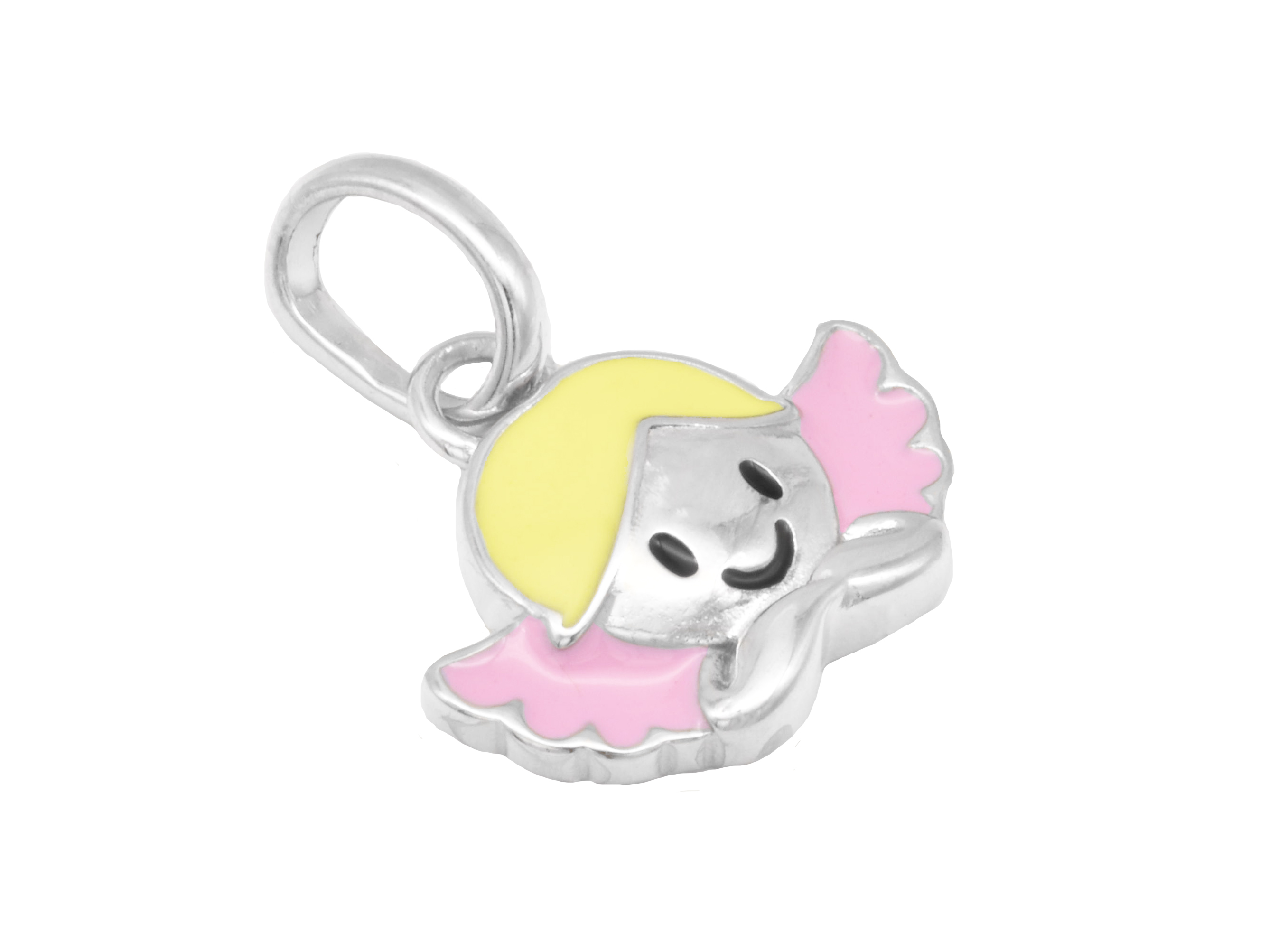 Engel Anhänger in Sterling Silber rhodiniert und poliert, mit einem Engelskopf in Rosa und Gelb, ideal für Kinder, Hersteller Juwelier Harnisch.