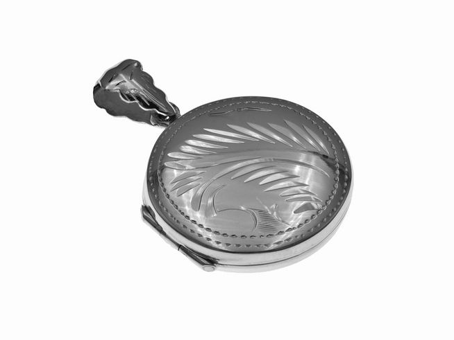Rundes Medaillon aus 925 Sterling Silber mit elegantem Gravurmuster und einem stilvollen Anhänger, hergestellt von Juwelier Harnisch, ideal zum Aufbewahren von Erinnerungen.