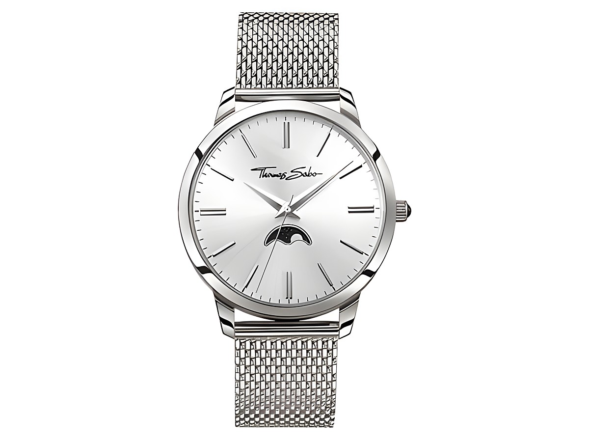 Thomas Sabo Herrenuhr WA0324-201-201 42 mm Spirit Moonphase Movement mit silbernem Zifferblatt und Mesh-Armband für stilvolle Herrenmode.