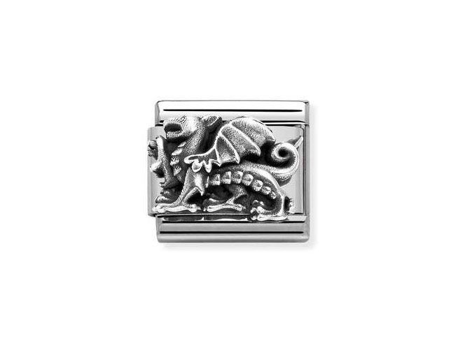 Drachenmotiv aus Sterling Silber und Edelstahl, stilvoll verarbeitet mit detaillierter Struktur, passend für Nomination Armbänder, klassisches Design von SilverShine.